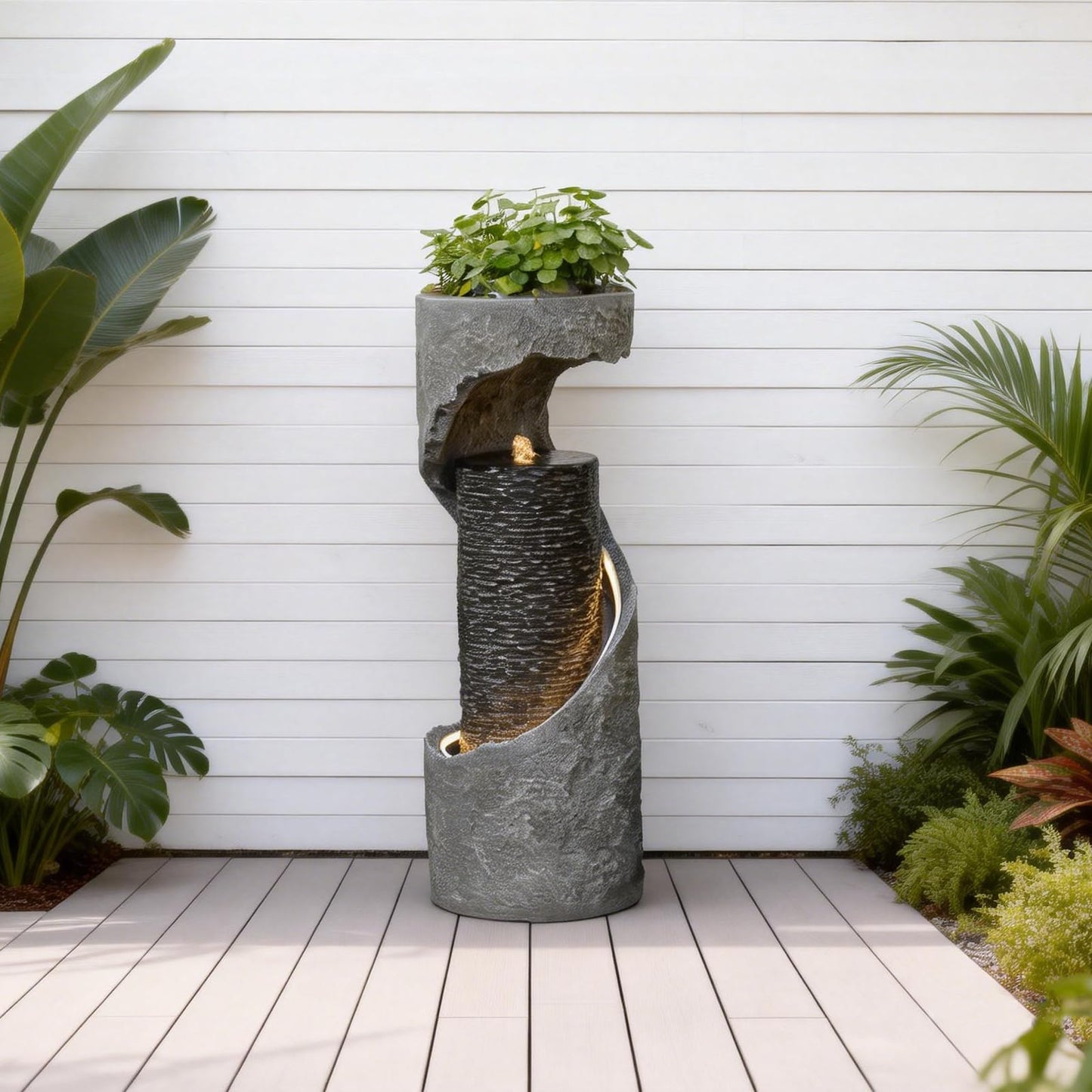 Tankana 35.5" H Water Fountain with Planter, Modern Spiral Waterfall for Outdoor and Indoor, Bubbling Garden Fountain with LED Light for Patio, Deck, and Living Room Corner