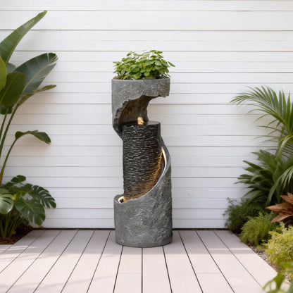 Tankana 35.5" H Water Fountain with Planter, Modern Spiral Waterfall for Outdoor and Indoor, Bubbling Garden Fountain with LED Light for Patio, Deck, and Living Room Corner