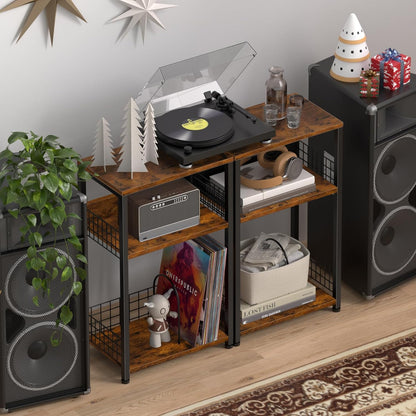 Spaces,3 LELELINKY End Table with Storage, Brown Nightstand for Small Tier Record Player Stand with Vinyl Storage
