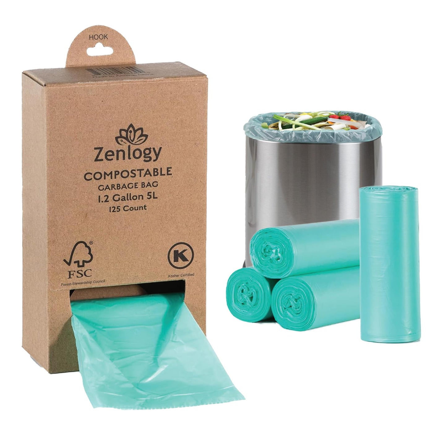 Zenlogy Compostable 1.2 Gallon Garbage Bag, Eco Friendly Small Trash Bags, Mini Biodegradable Waste Basket Bin Liners for Bathroom & Office, 125 Count