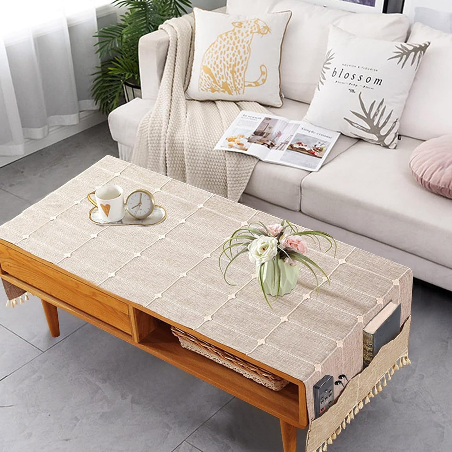 Ajerg 23x62inch Coffee Table Cloth, Boho Coffee Table for Living Room Tablecloth Cover with Pockets & Tassel, Rectangle