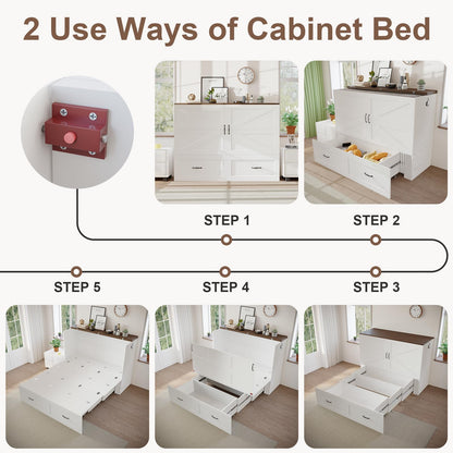 KCGKCG Murphy Bed with Storage & Charging Station, Queen Murphy Cabinet Bed with Large Storage Drawer for Guest Bedroom, Living Room, Office or Small Room, Full Foldable Platform Bed (White, Queen)