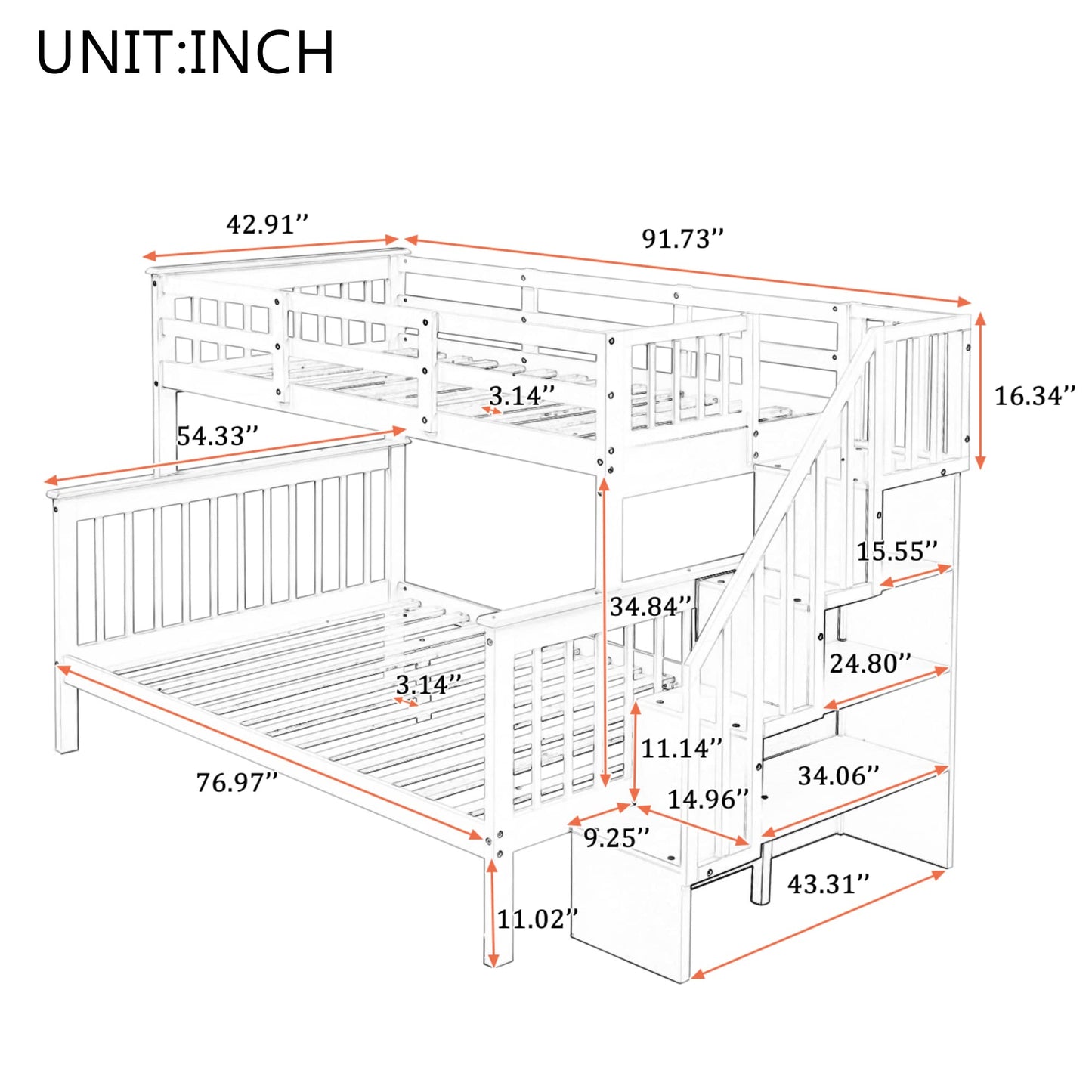 Stairway Bunk Beds Twin Over Full with 4-Step Stairs and Under-Step Storage Shelves, Gray