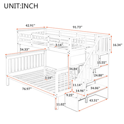 Stairway Bunk Beds Twin Over Full with 4-Step Stairs and Under-Step Storage Shelves, Gray