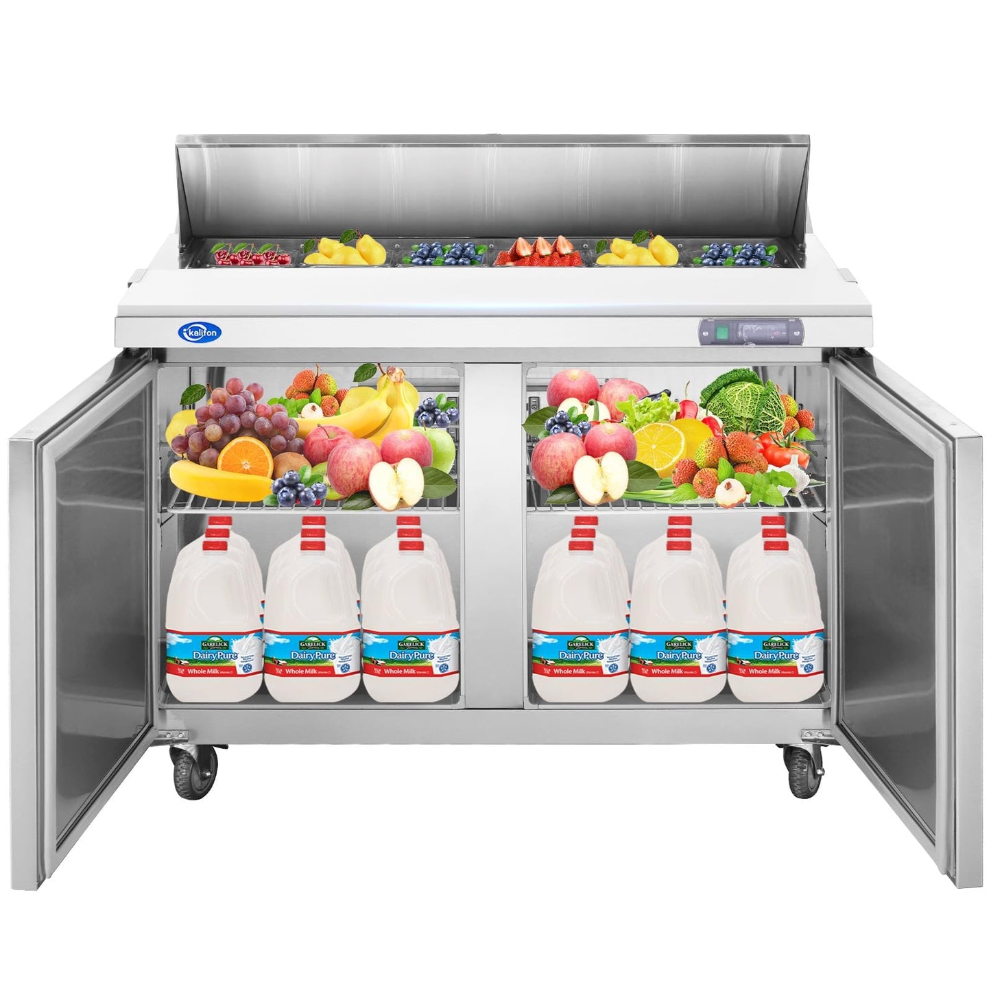 kalifon 48" W 2 Door Refrigerator Sandwich Salad Prep Table Commercial Stainless Steel Fan Cooling Refrigerator with Cutting Board, 2 Shelves & 18 Pans for Restaurant, Bar, Shop-12.9 Cu.ft