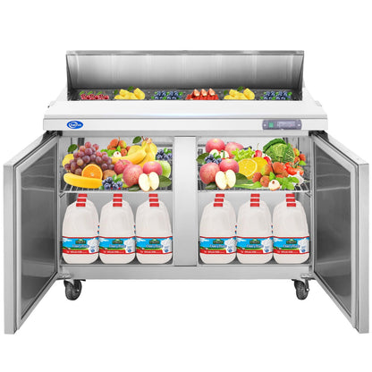 kalifon 48" W 2 Door Refrigerator Sandwich Salad Prep Table Commercial Stainless Steel Fan Cooling Refrigerator with Cutting Board, 2 Shelves & 18 Pans for Restaurant, Bar, Shop-12.9 Cu.ft