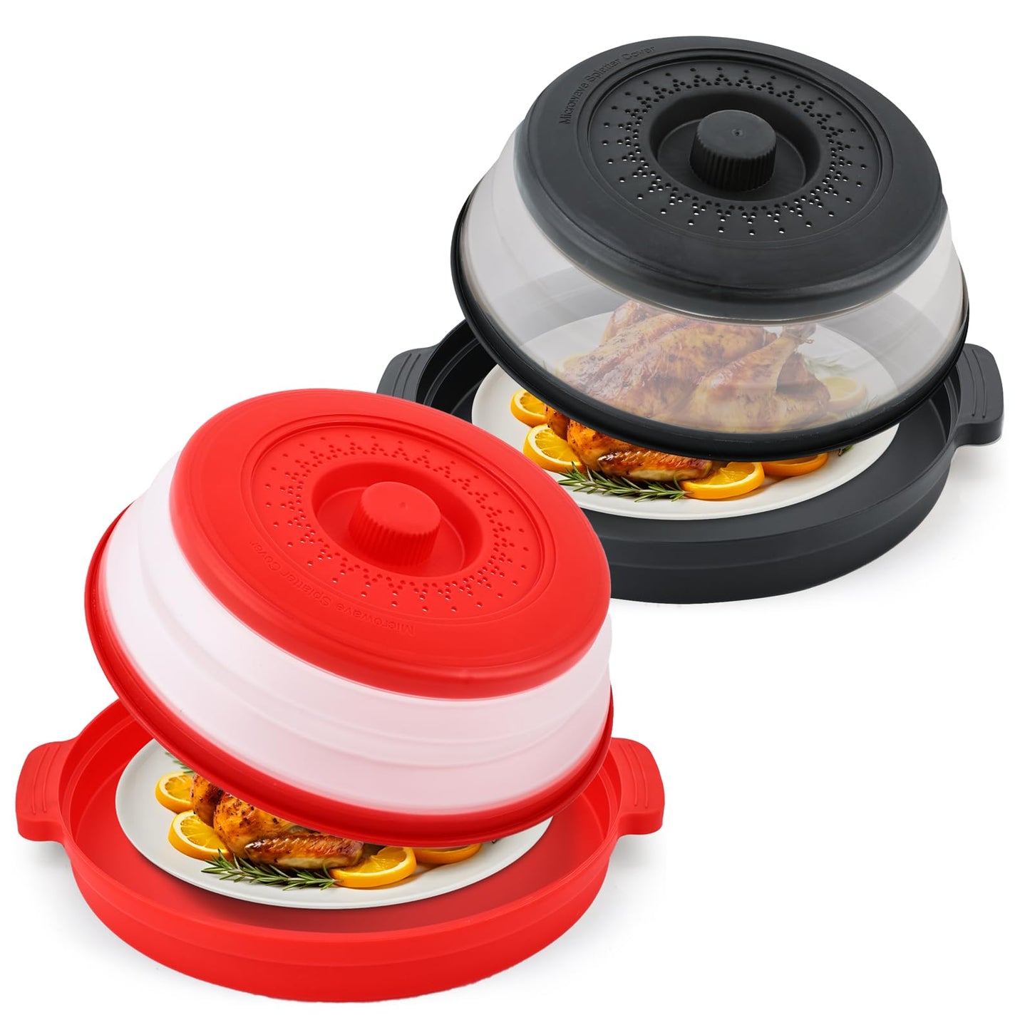 Microwave Splatter Cover for Food with Anti-scald Base Plate,Large Plastic & Silicone Vented Avoid Scalding Collapsible Guard Lid, Plate Holder & Kitchen Colander for Meal Prep-10.7 Inch (2 Pcs BRed)