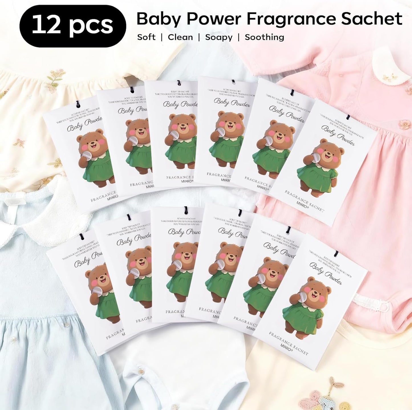 12 Packs Closet MYARO Baby Powder Scent Sachets Room Air Freshener for Drawer Clothes Storage Small Space Odor