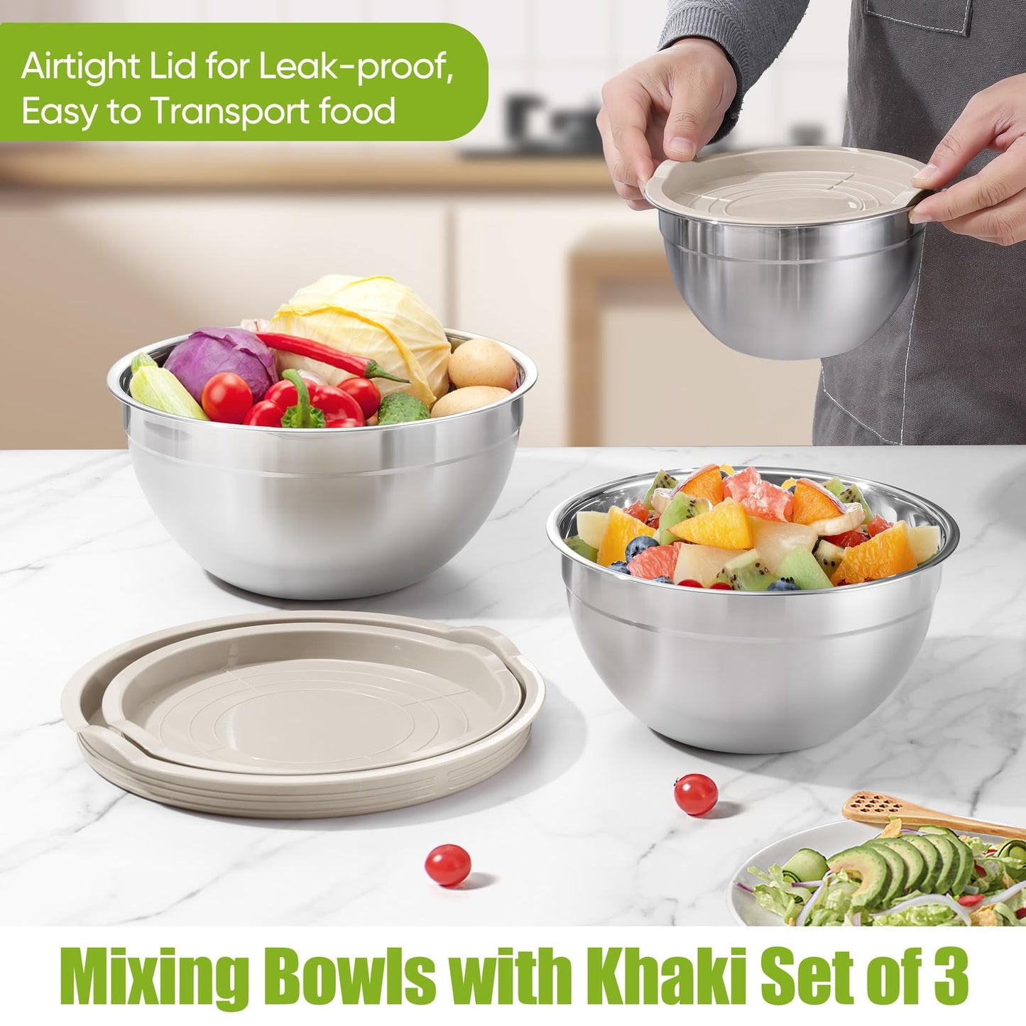 P&P CHEF Khaki Mixing Bowls with Lids, Set of 3, Stainless Steel Salad Nesting Bowl for Mixing, Storing, Prepping, Airtight & Stackable, Size 4.6/3 /1.5 QT