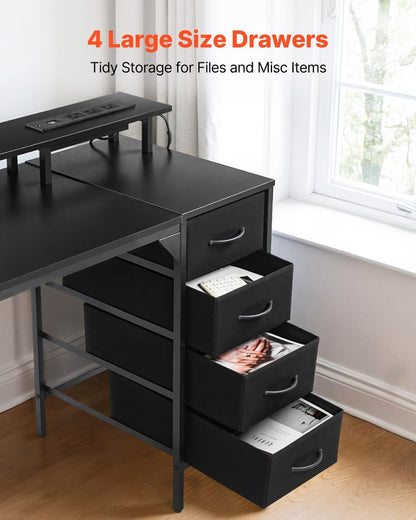 VEVOR 47" Computer Desk with LED Lights & Power Outlets, Gaming Table with 4 Large Drawers, Office Desk with Monitor Stand, Study Work Home Office, Small Spaces, Black