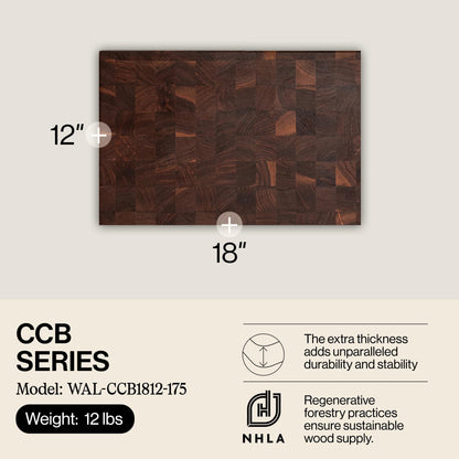John Boos CCB Series Rectangular Wooden Walnut Cutting Board 18”x12” – 1.75” Thick, 12-lb Reversible Butcher Block with End-Grain & Finger Grips – Made in the USA