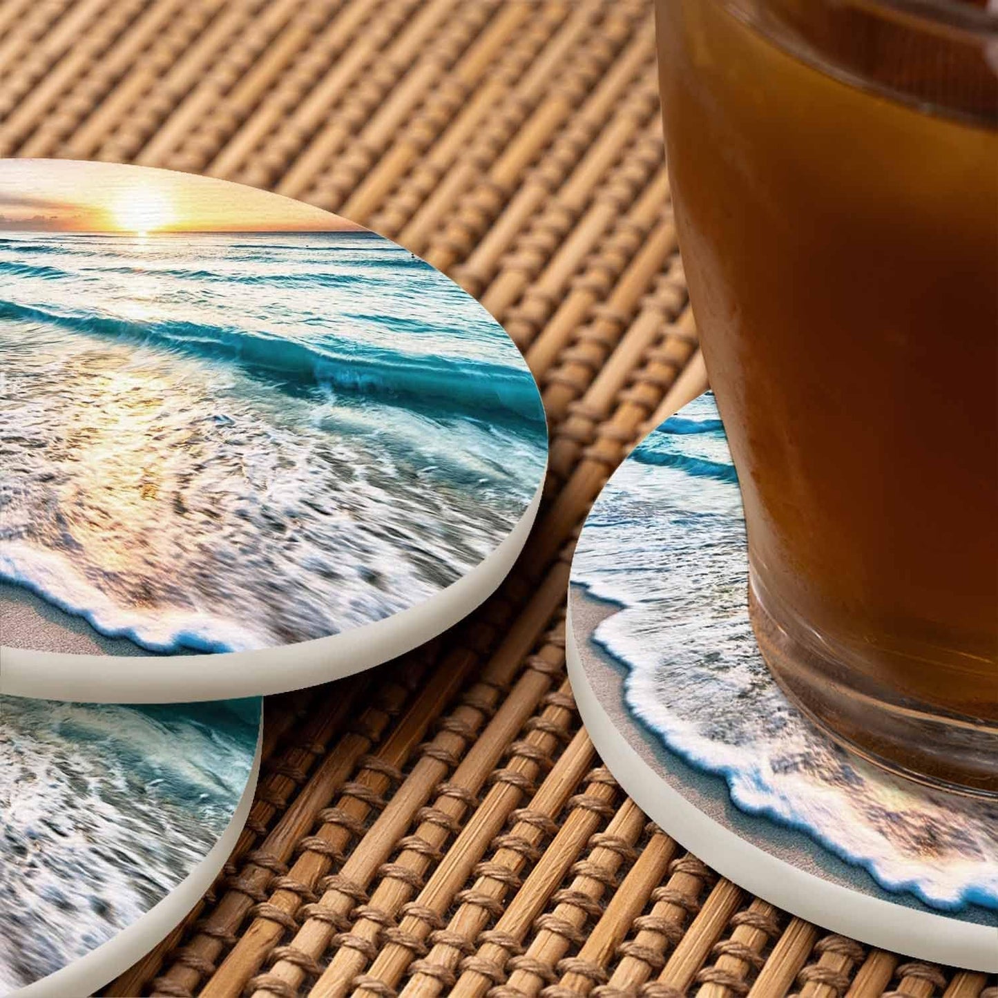 Pznen Sunset Summer Set 2 Beautiful Sea Wave and Sky at Cup Coasters for Table Clear Coast Beach Seascape Travel