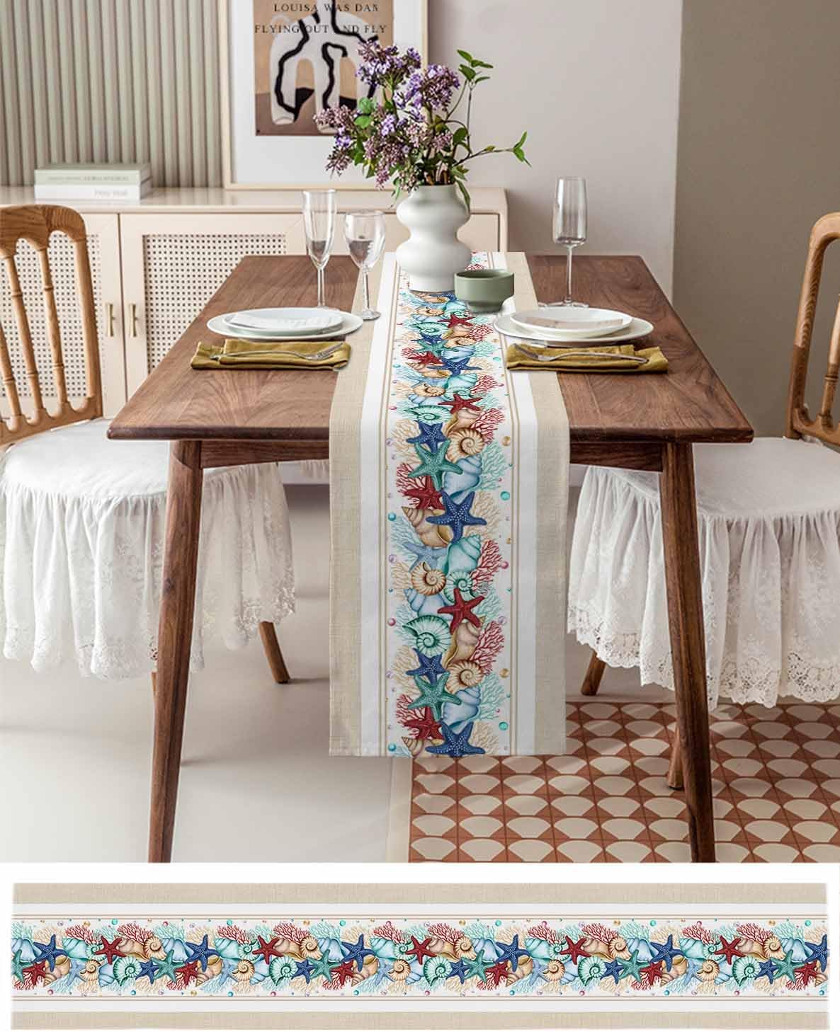 Lsrtoss 70 Inches 13" 70" Rustic Coastal Table Runner Long, Nautical Starfish Farmhouse Dress Scarves, Beach Coral