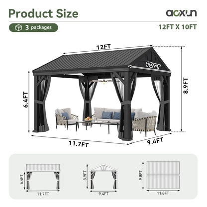 Aoxun 10' X 12' Single Hardtop Gazebo, Aoxun Outdoor Pavilion with Galvanized Steel Gable Roof, Fully Enclosed Netting Permanent Metal Gazebo Canopy for Patio Backyard Garden Deck