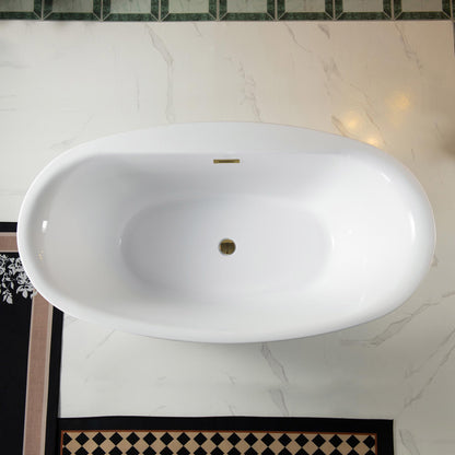 WOODBRIDGE 66" Acrylic Freestanding Bathtub Contemporary Soaking White Tub with Brushed Gold Overflow and Drain，B0027-BG