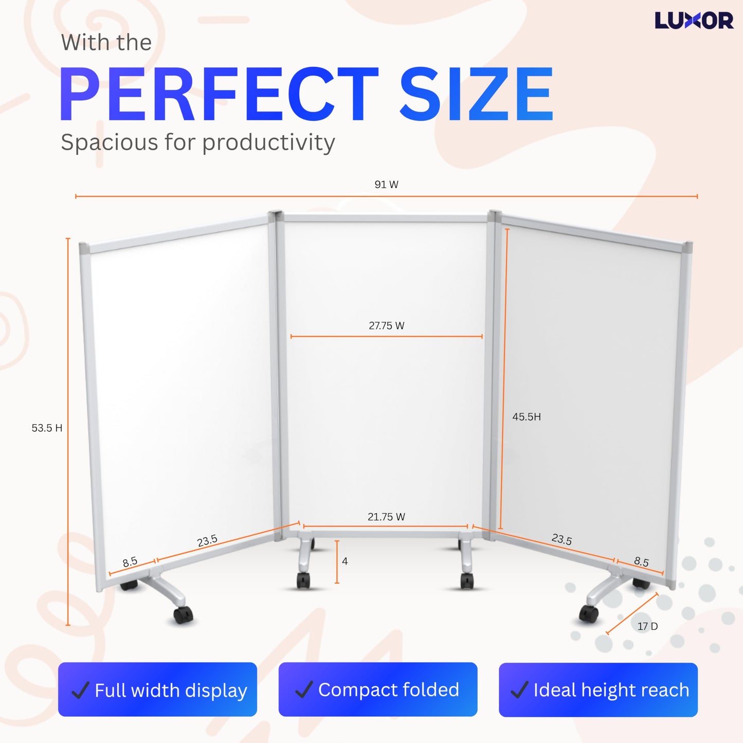 Luxor MB9152WW 3-Panel Mobile Magnetic Whiteboard Room Divider