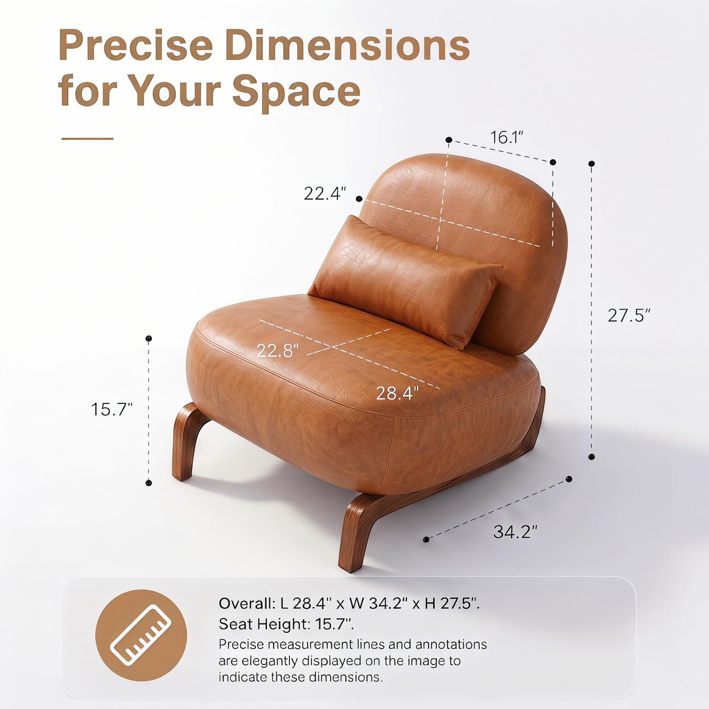 Trygoal Mid Century Modern Leather Armless Accent Chair, MCM Curved Back Lounge Chairs with Tilted Solid Wood Legs & Thick Lumbar Pillow, Single Cloud Sofa for Living Room Reading Nook (Brown)