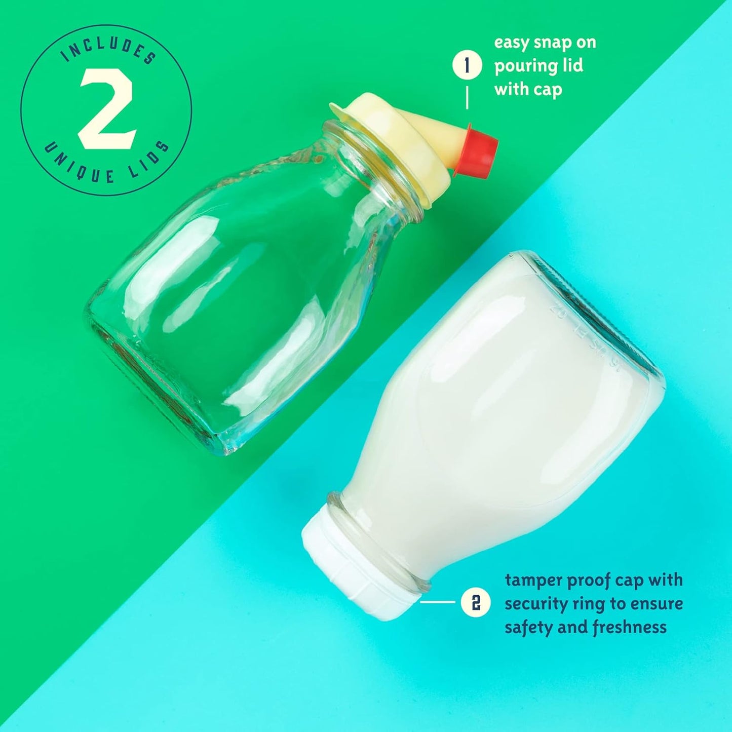 16 Oz 16 Pack 2 kitchentoolz Glass Milk Bottle with Lid - Ounce Short and Wide Glass Milk Container for Refrigerator