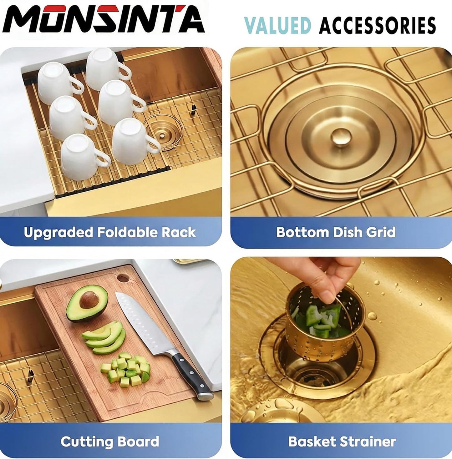 MONSINTA Gold Farmhouse Kitchen Sink, 16 Gauge SUS304 Stainless Steel Farm Sinks, All In One Workstation Sink with Ledge & Accessories, 33" x 20" x 10" Large and Deep Gold Undermount Kitchen Sink