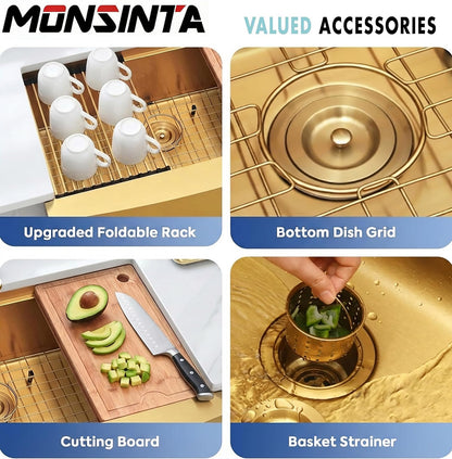 MONSINTA Gold Farmhouse Kitchen Sink, 16 Gauge SUS304 Stainless Steel Farm Sinks, All In One Workstation Sink with Ledge & Accessories, 33" x 20" x 10" Large and Deep Gold Undermount Kitchen Sink