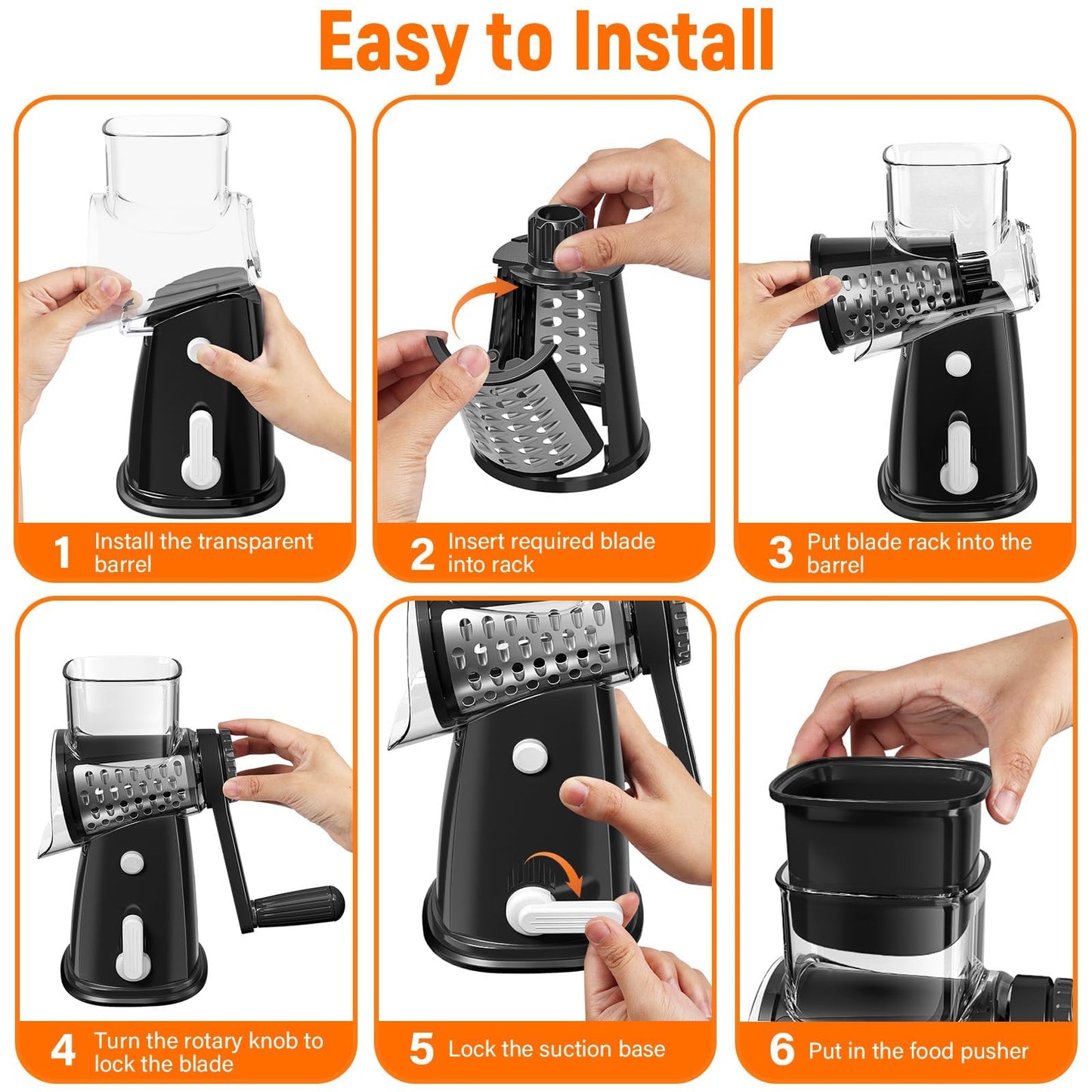 SpaceHacks Rotary Cheese Grater Hand Crank, with 5 Blades for Chopper Shredder Spiralizer Slicer for Vegetable Cheese Fruit, Food Chopper for Kitchen with Blades Storage Box & Suction Base (Black)