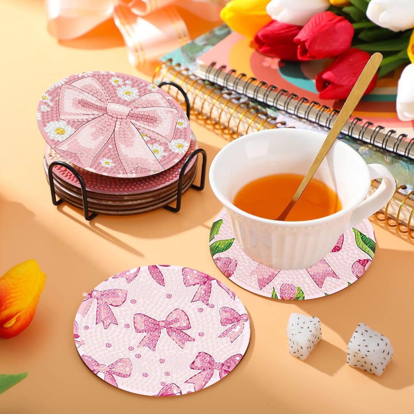 HHMATITS 8 Pcs Diamond Art Coasters Kit, Pink Bow Diamond Art Coaster with Holder Cork for Adults Beginners, 5D DIY Full Round Diamonds Painting Coasters Kit for Gifts 4X4 Inch