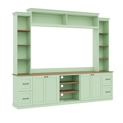 Ball & Cast 94.8" Entertainment Center Wall Unit with Bookshelf for TVs Up to 70",Farmhouse Large TV Stand with Walnut Adjustable Shelves,Retro Media Console with 4 Drawers for Living Room,Mint Green
