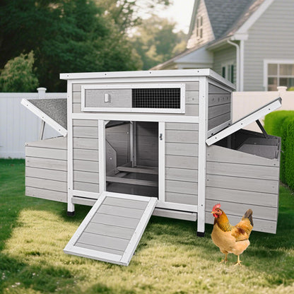 KEIKI Large Wooden Chicken Coop, Outdoor Hen House, Poultry Cage, Rabbit Hutch, Wooden Poultry Cage for Outdoor with 2 Sides Nesting Boxes, Gray+White