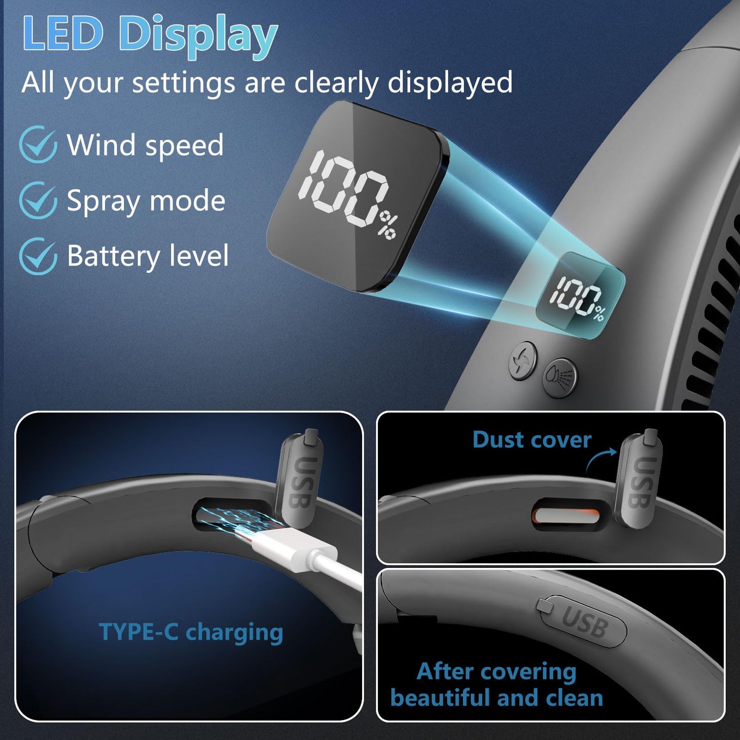 Neck Fan with Mist Spray-Neck Fans that Blow Cold Air,Folding 4000Mah Portable Personal USB Rechargeable Battery Operated Fan with Mister,Cooling Bladeless Travel Misting Fan for Neck Around Black
