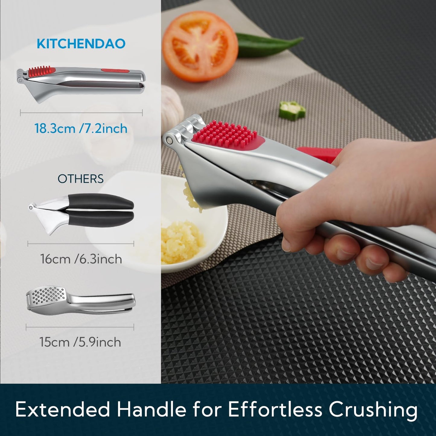 KITCHENDAO Heavy-Duty Garlic Press with Built-in Scraper & Cleaning Pusher, No Peeling Garlic Crusher with Large Chamber, Zinc Alloy Garlic Mincer, Dishwasher Safe