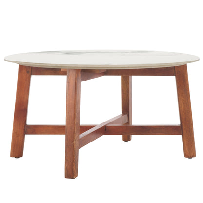 SAFAVIEH Home Collection - Samie Coffee Table, Round White Ceramic Faux Marble Top with Walnut Brown Wood Base (COF2902A)
