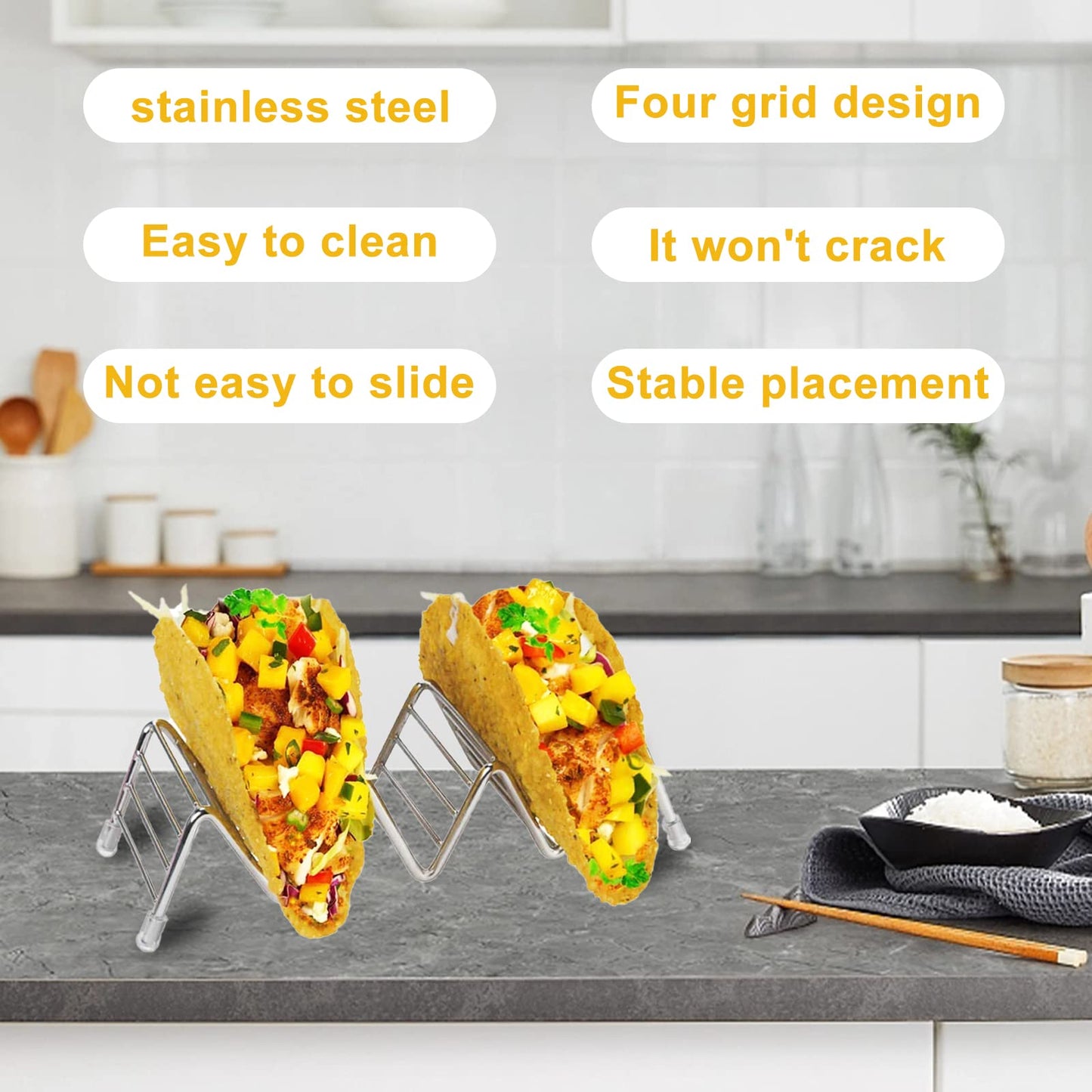 MEKBOK Taco Holders set of 3,Stainless Steel Taco Shell Holder Stand,Taco Tray Plates for Taco Bar Gifts Accessories,Holds 4 Tacos Each,Oven Safe for Baking, Dishwa sher and Grill Safe