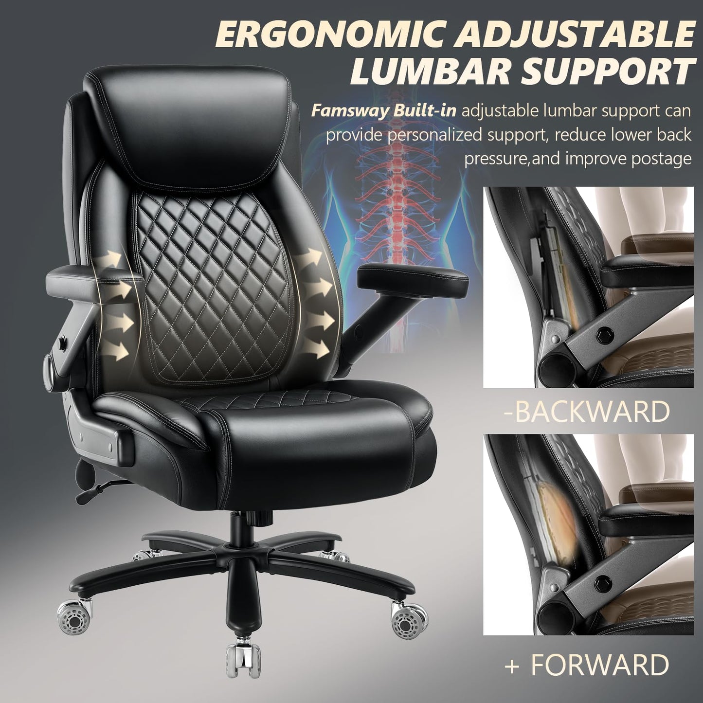 650LBS Big and Tall Office Chair with 5D Flip Arms and Thick Pocket Spring Cushion, Extra Wide Heavy Duty Office Chair & Adjustable Lumbar Support, Large High Back Computer Chair Dual Rubber Wheel