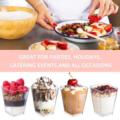 Eupako 100 Pack 5 oz Square Clear Plastic Dessert Cups with Spoons Small Clear Plastic Tumbler Cups Great for Desserts, Appetizers, Puddings, Mousse, Parfait