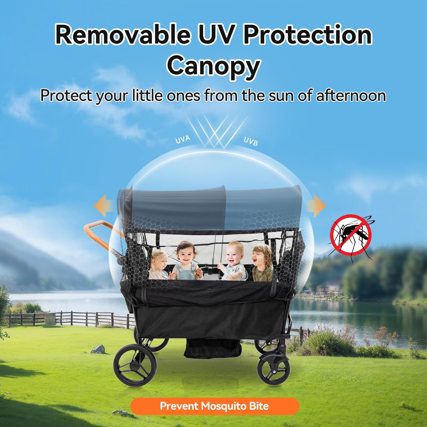 Voupou Stroller Wagon for 4 Kids Seated-Tandem Fold Stroller Push-Pull Lightweight Travel Trolley with 5-Point Harness,Adjustable Handle and Canopy,Mosquito Net,Footwells,Child Tray,Cup Holder,Storage