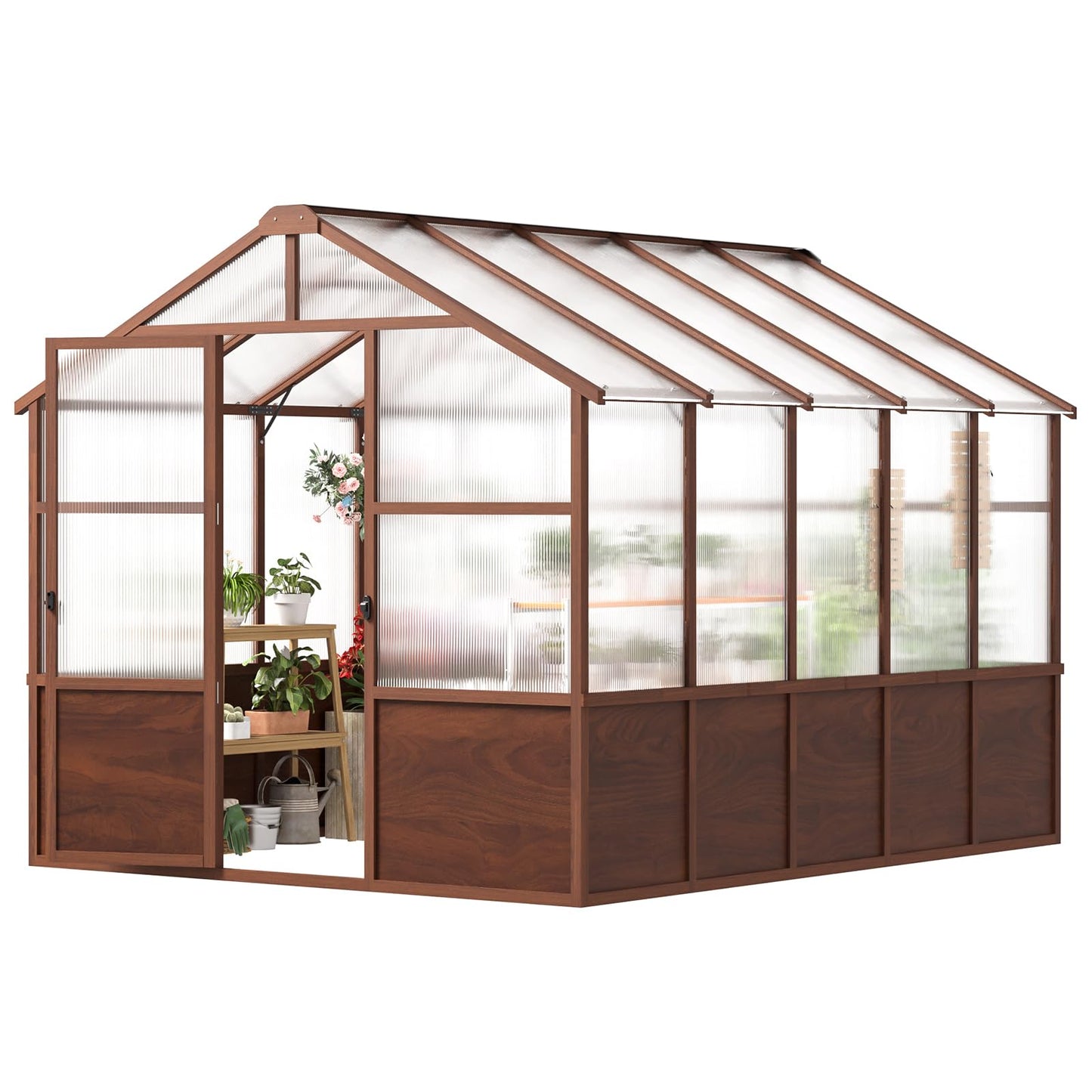 Jocoevol 8x10FT Greenhouse for Outdoors, Wooden Frame Polycarbonate Green House w/ Adjustable Roof Vent and Lockable Door Handle, Walk-in Greenhouses for Outside Garden Backyard