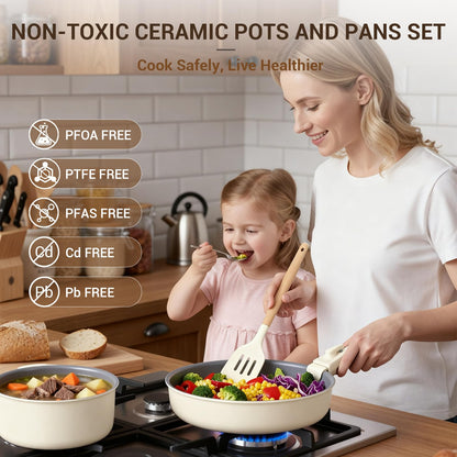 Ammeloo 18-Piece Ceramic Pots and Pans Set Non Stick, Non Toxic Cookware Set with Removable Handles, Pot Sets for Cooking, Induction Ready, Dishwasher & Oven Safe, PFAS PFOA & PTFE Free (Cream White)