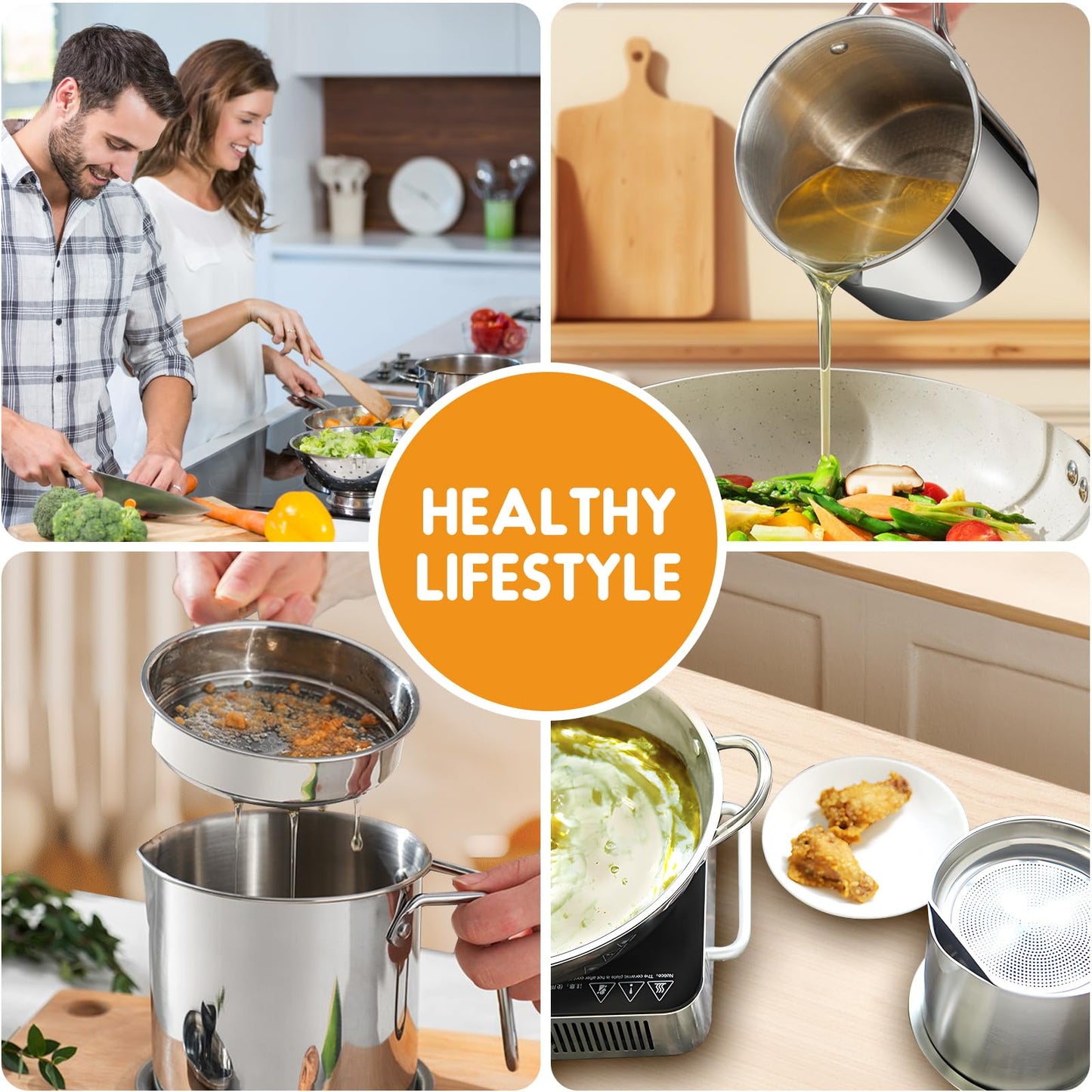Chihee Grease Container Stainless Steel Bacon Grease Saver with Fine Mesh Strainer 2L / 67.6 fl oz Cooking Oil Keeper Stoarge Can with Dust-proof Lid Non-slip Tray for Kitchen Frying