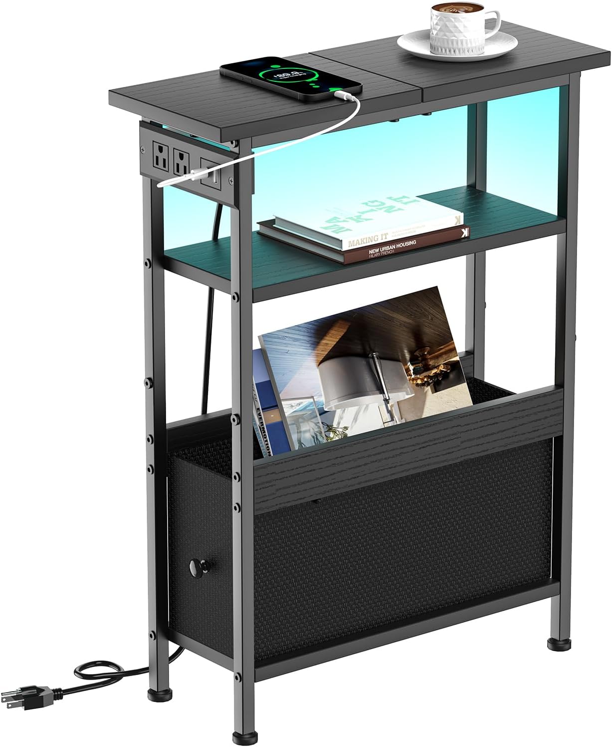1 Creso hom Narrow Side Table with Charging Station and LED Light, Small End Table with Fabric Drawer, Skinny