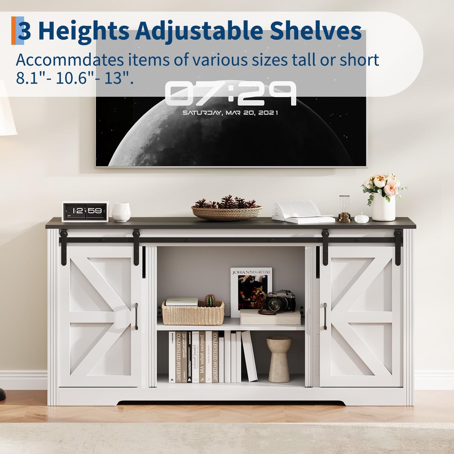 GarveeHome Farmhouse TV Stand for Up to 70 Inch TVs, 66" Entertainment Center w/4 Drawers & Sliding Barn Door, Media Console w/Storage Shelves, Wood Television Stand for Living Room- White