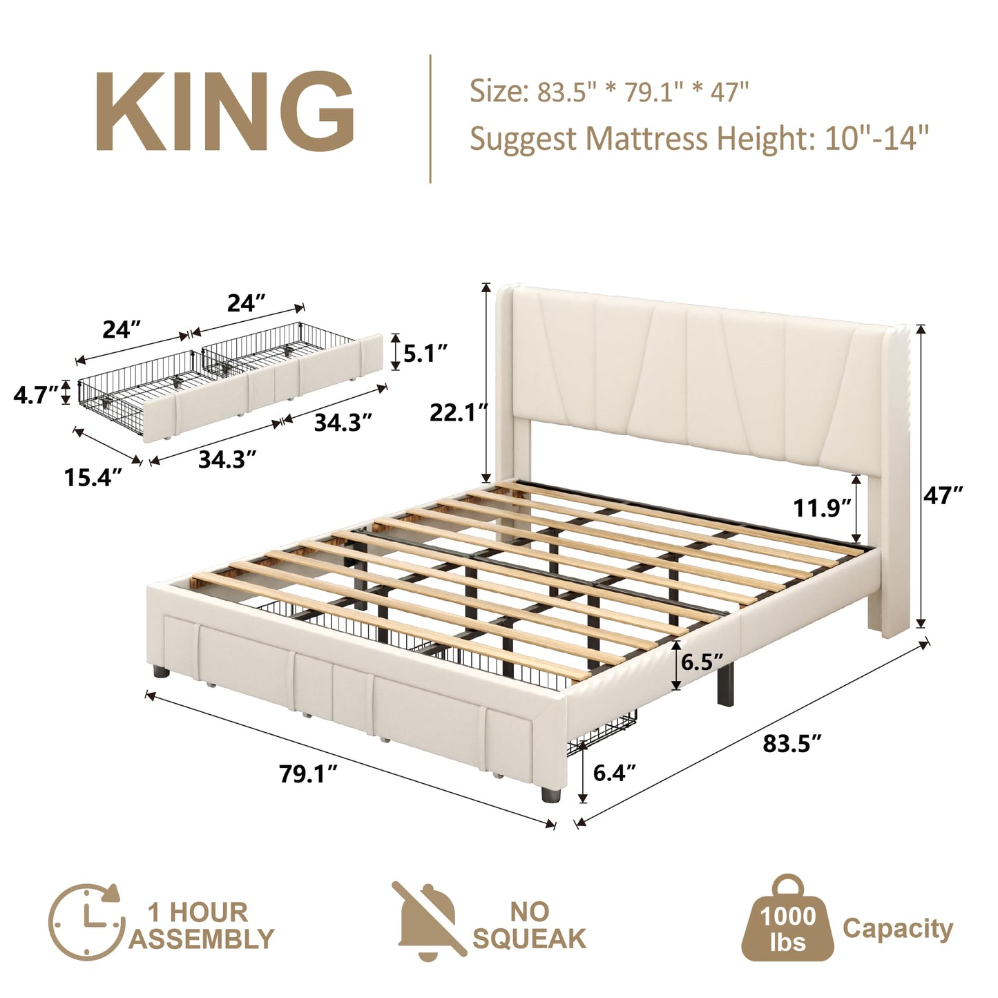 viplov King Bed Frame with Storage Drawers, Velvet Upholstered Platform Bed with 47" Tall Headboard and Wingboard, No Box Spring Needed, No Noise, Easy Assembly, Wooden Support Slats, Beige