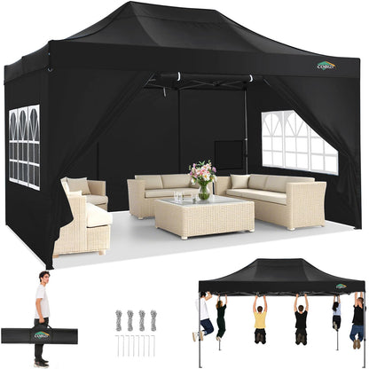 COBIZI 10x15 Pop up Canopy Tent Heavy Duty, Easy Set-up Commercial Outdoor Party Tent, 100% Waterproof Wedding Tents Gazebo, 3 Height Adjustable with Wheeled Bag, Black