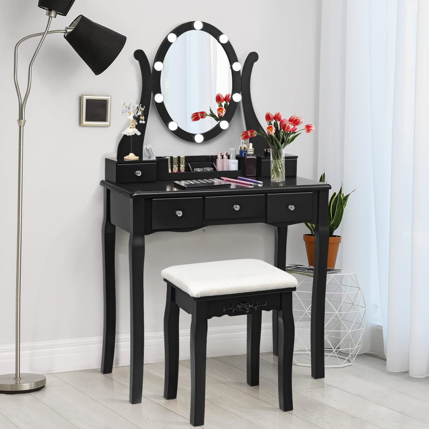 LDAILY Vanity Set with 10 Dimmable LED Bulbs, Vanity Desk with Rotating Lighted Mirror, Cushioned Stool & 5 Drawers, Modern Easy Assembly Bedroom Dressing Table for Girls Women (Black)