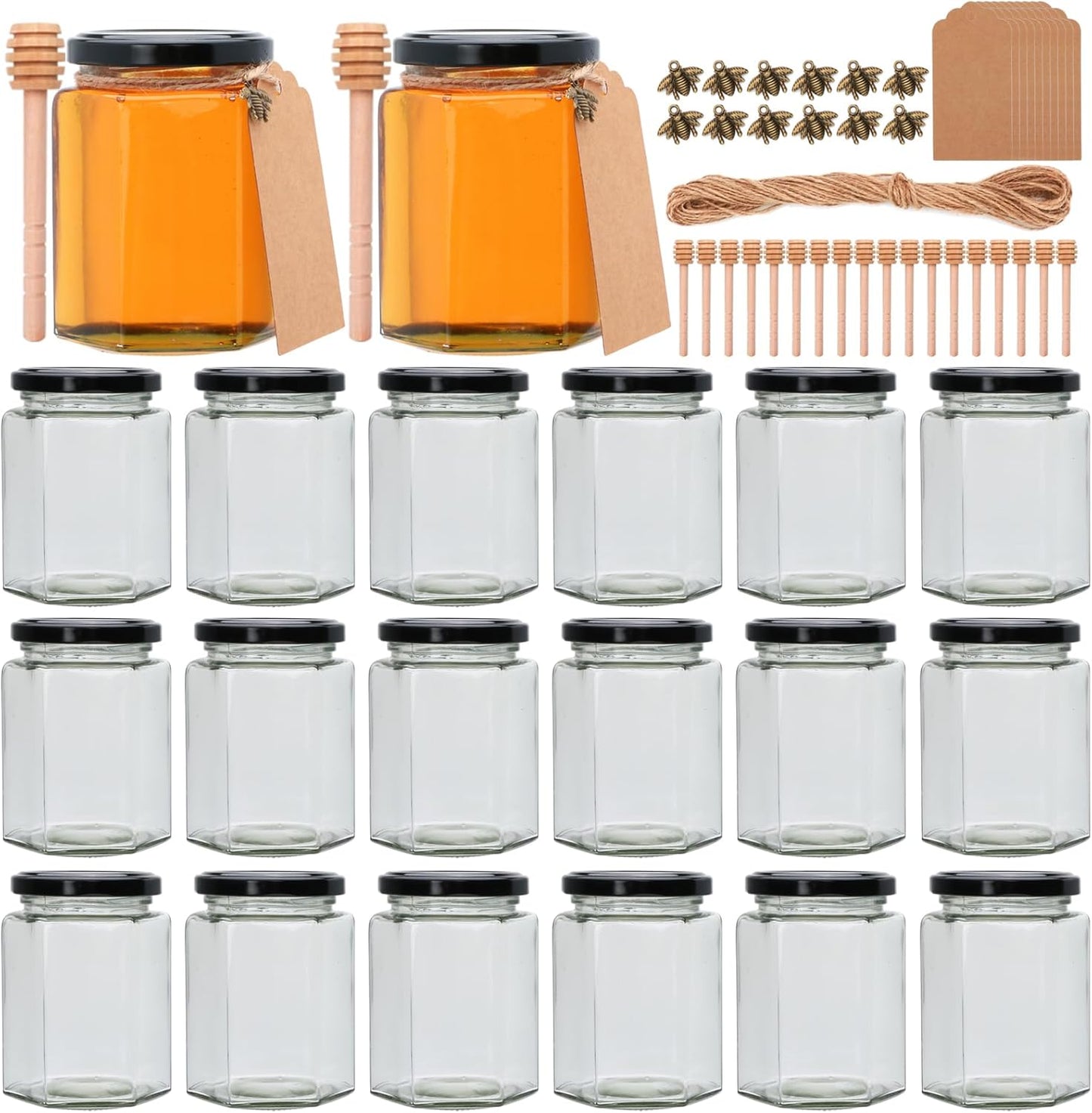 Woaiwo-q 10 oz 20 Pack Honey Jars with Dipper, Hexagon Glass Jars with Black Lids, Wooden Honey Sticks for Baby Shower