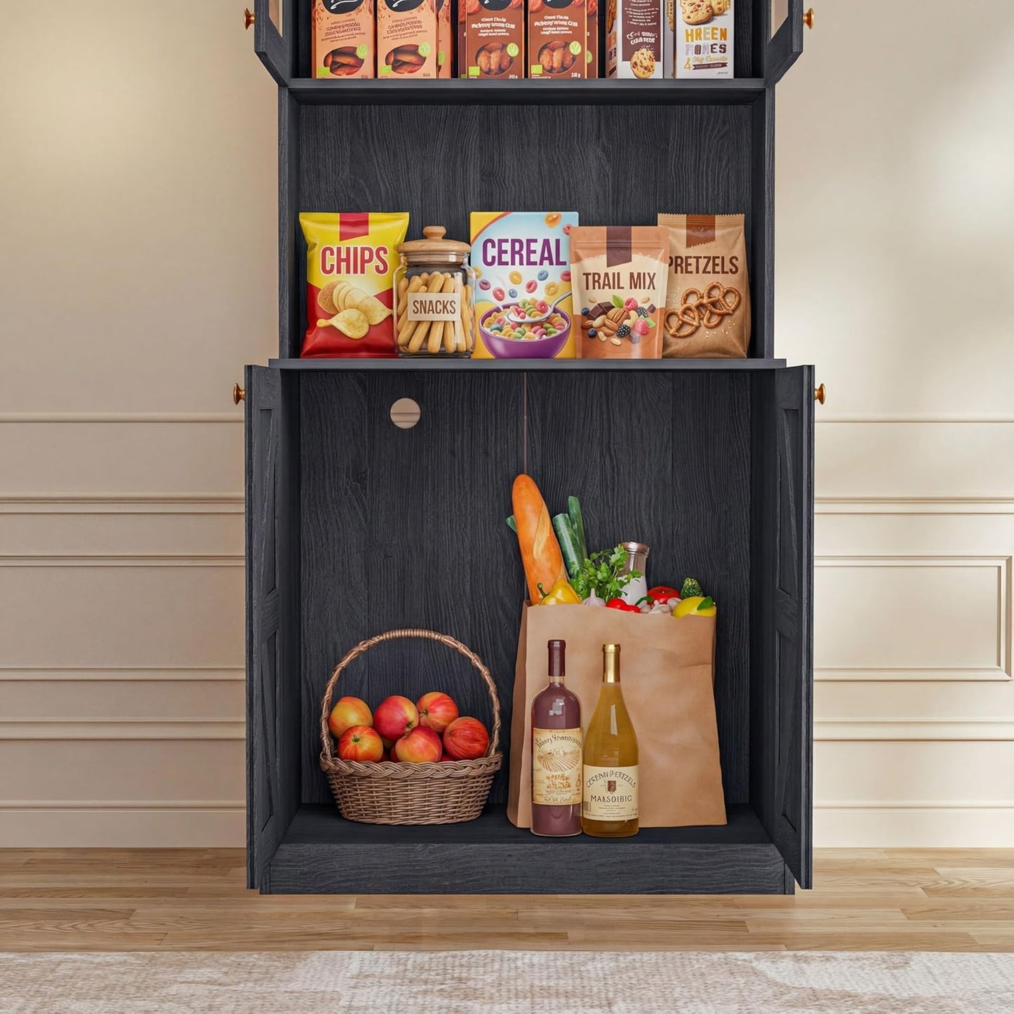 71" Black Farmhouse Kitchen Pantry Cabinet Set of 4— Freestanding Coffee Bar with Glass Doors or Drawers, Microwave Stand, Large Storage Hutch with Adjustable Shelves for Kitchen, Living Room