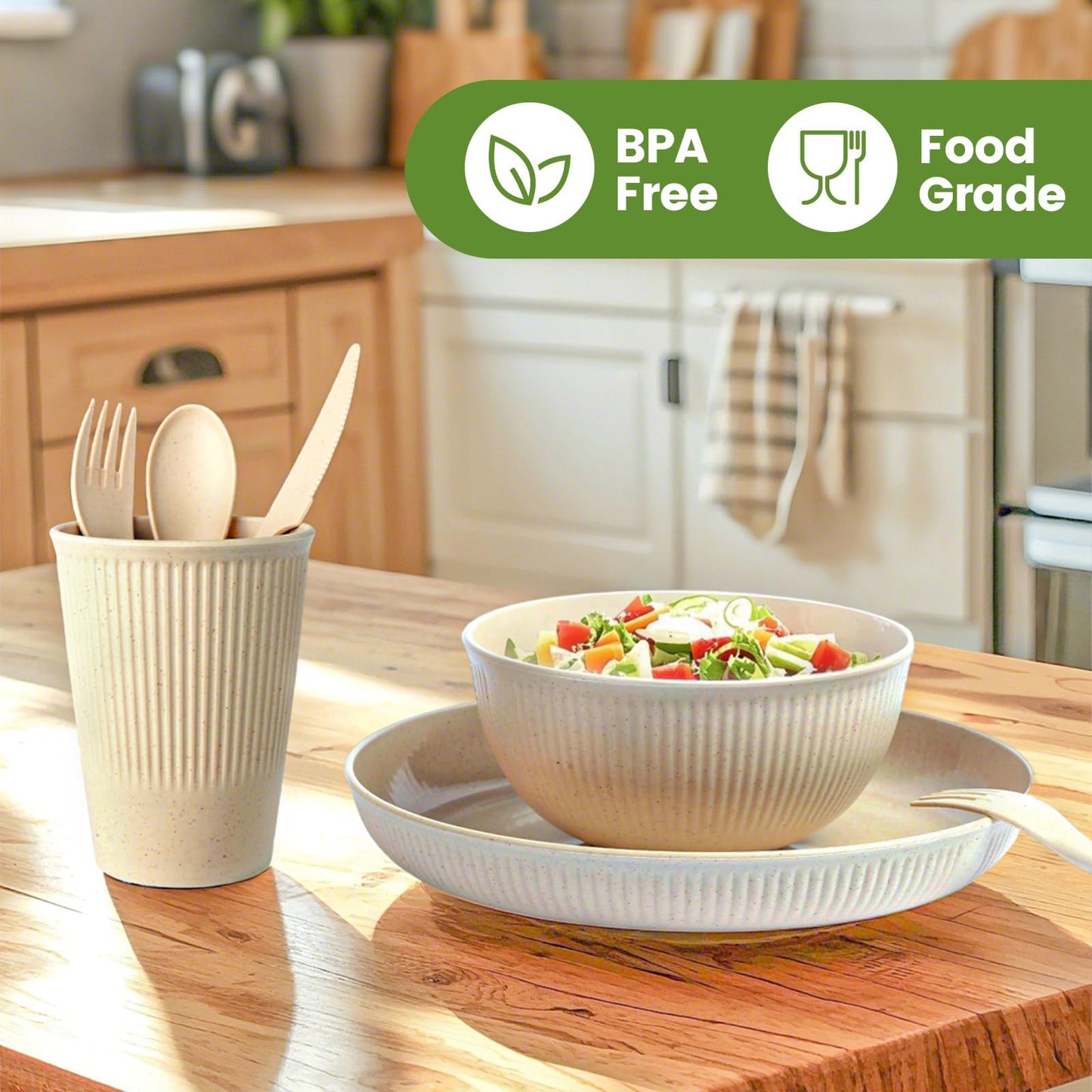 36-Piece Reusable Wheat Straw Dinnerware Sets for 6, Farielyn-X Unbreakable Reusable Set Kitchen Cups, Plates, Bowls Sets & Cultery Dishwasher Microwave Safe - Patio, Outdoors, RV, Camping Dishes