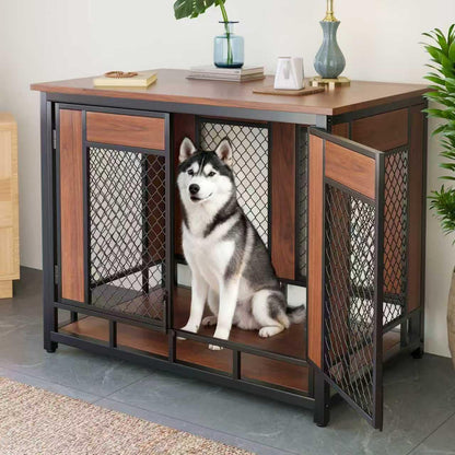 Dog Crate Furniture, 41'' Wooden Dog Kennel Furniture Indoor with Double Doors, Decorative Dog Cage End Table for Medium Large Dogs,Modern Dog Crate with Multi-Purpose Removable Tray,Rustic Brown