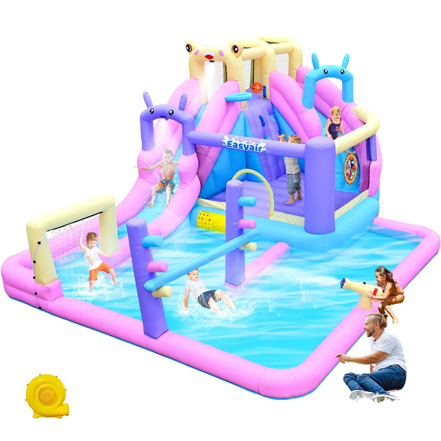 Easyair Inflatable Bounce House Water Slide Combo, Blow Up Water Slides for Backyard, Kids Jumper with Climbing Wall, Basketball Hoop, Splash Pool with Blower