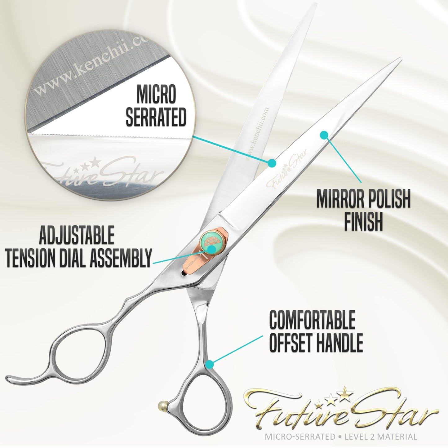 Kenchii Future Star Dog Grooming Scissors Lefty Set Premium Kit for Novice & Pro Groomers Straight Curved Thinner & Blender Shears with Micro Serrated Blades Includes Case and Inserts.