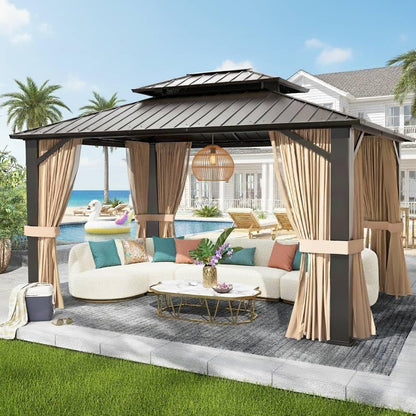 SOLUMIA 10x12ft Hardtop Gazebo, Metal Pavilion with Mesh Mosquito Netting & Curtains, All-Weather Outdoor Pergola for Garden, Patio, and Backyard（A Set of 2 Boxes）
